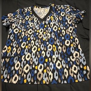 Blue and Black Print Scrub Top
